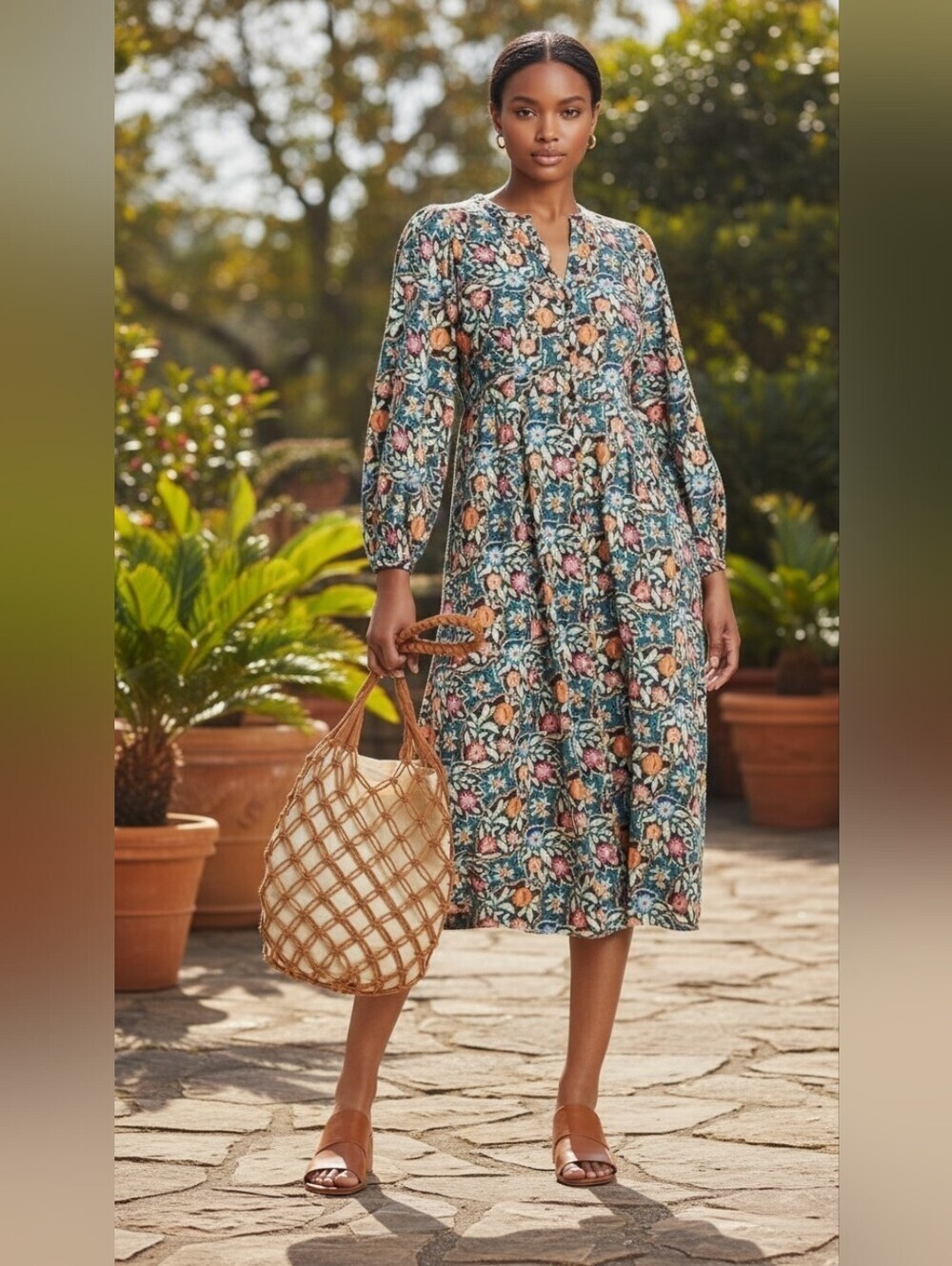 Universal Thread Plus Size Floral Tiered Midi Dress Bishop Sleeve Pockets XXL